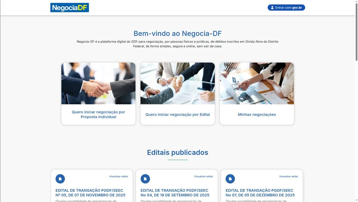 Página inicial do Negocia-DF