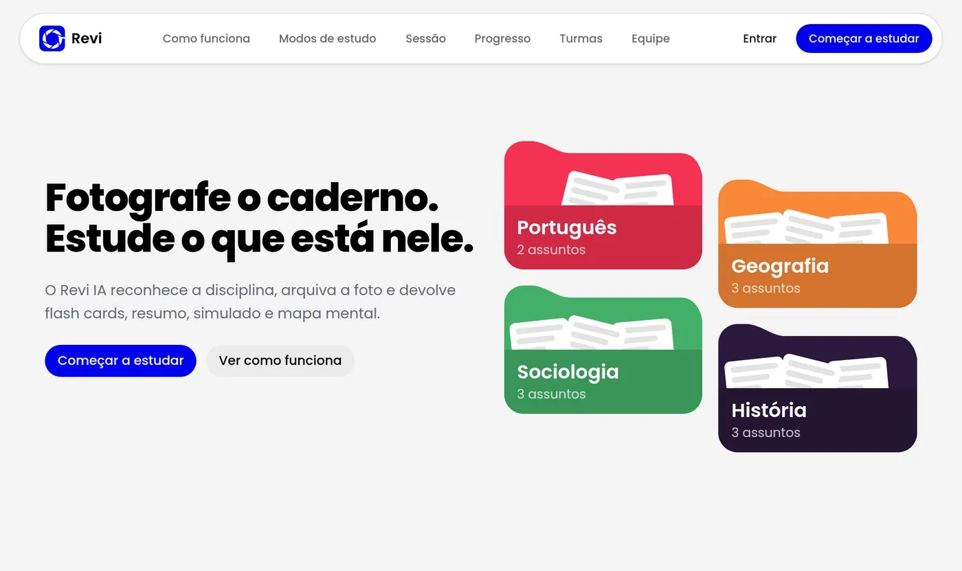 Página inicial do Revi: "Fotografe o caderno. Estude o que está nele." com pastas de disciplinas